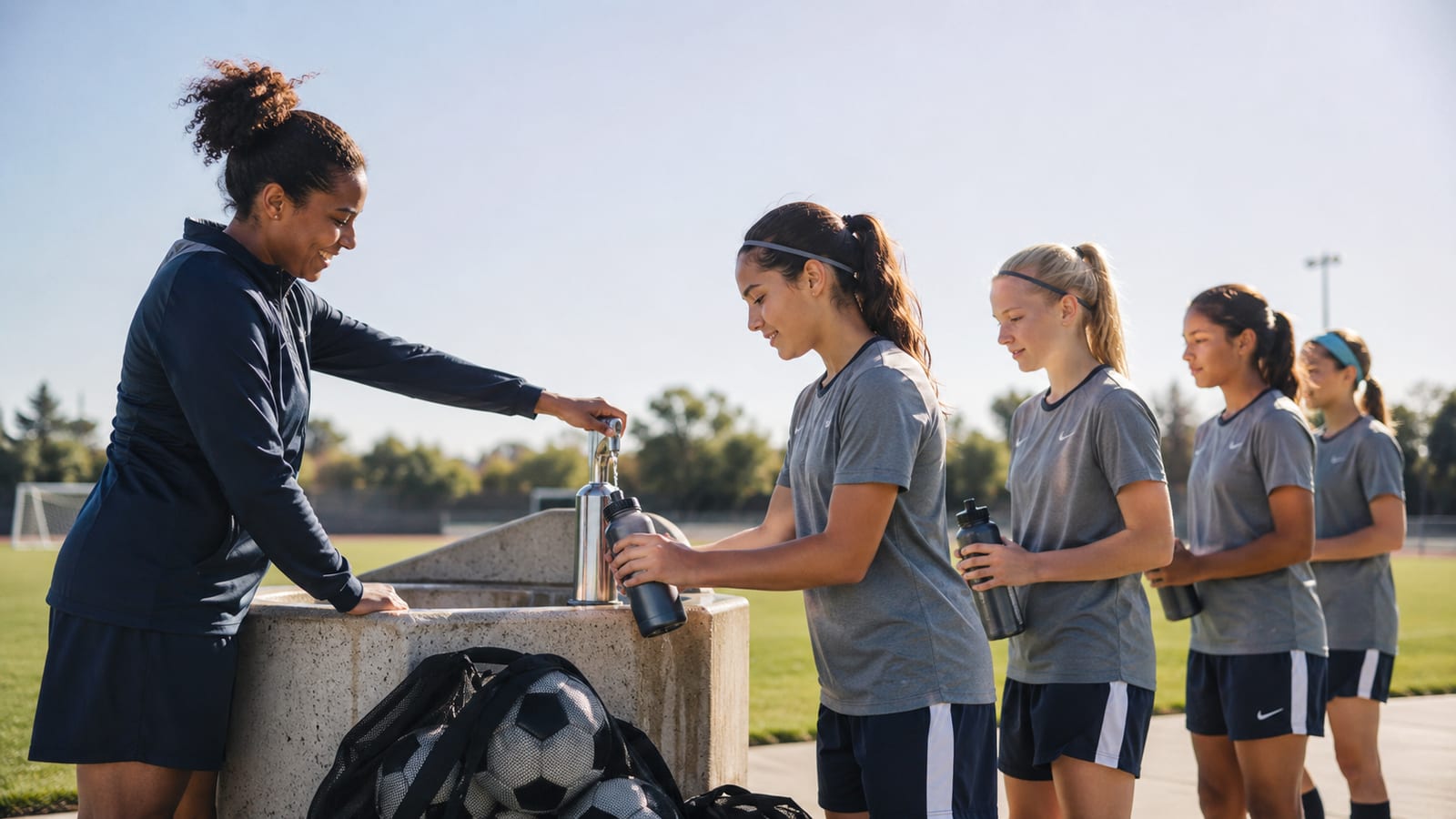 Youth athletes refilling plain water bottles during a supervised practice break