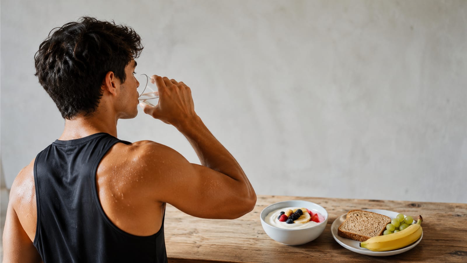 Tired young athlete sipping water after practice beside a balanced recovery meal