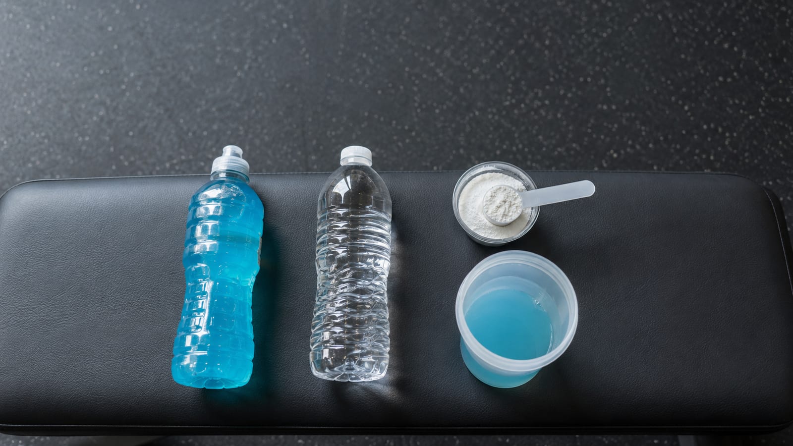 Unbranded hydration drinks arranged with bottles and measuring scoop for athlete comparison