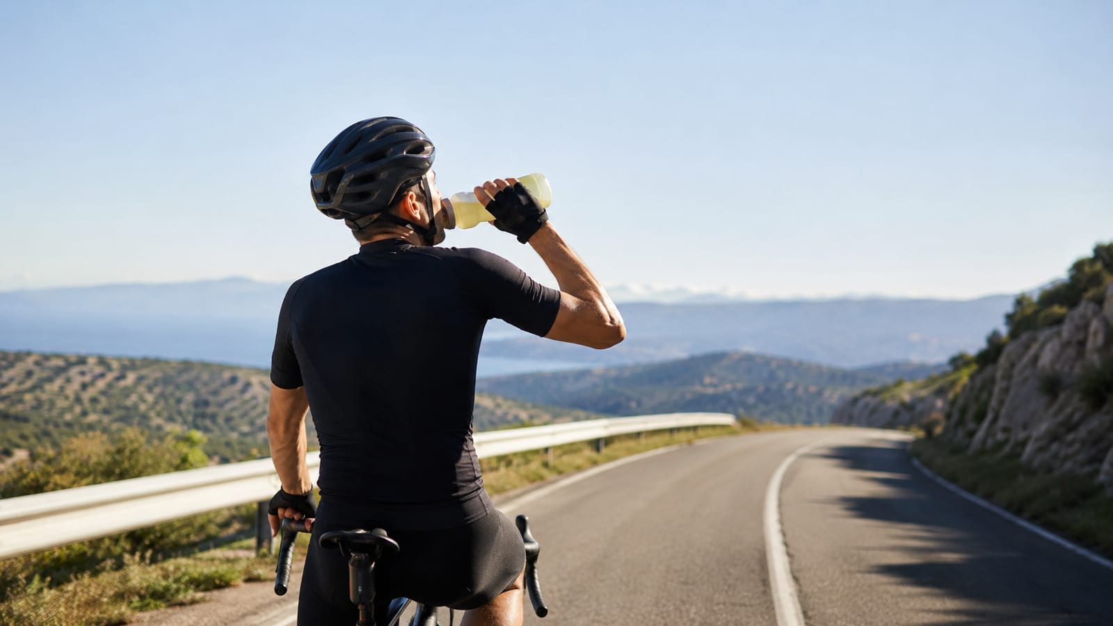 Endurance cyclist drinking carbohydrate sports drink during a long training session