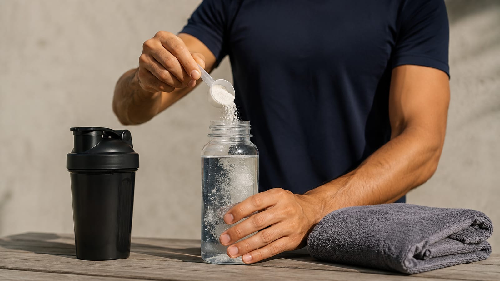 Athlete carefully preparing a simple electrolyte drink with measured powder and water