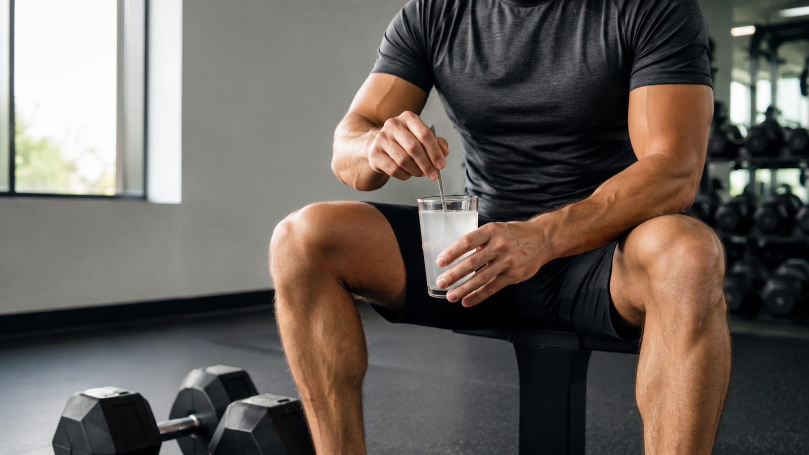Athlete mixing unflavored creatine into water beside gym equipment before training