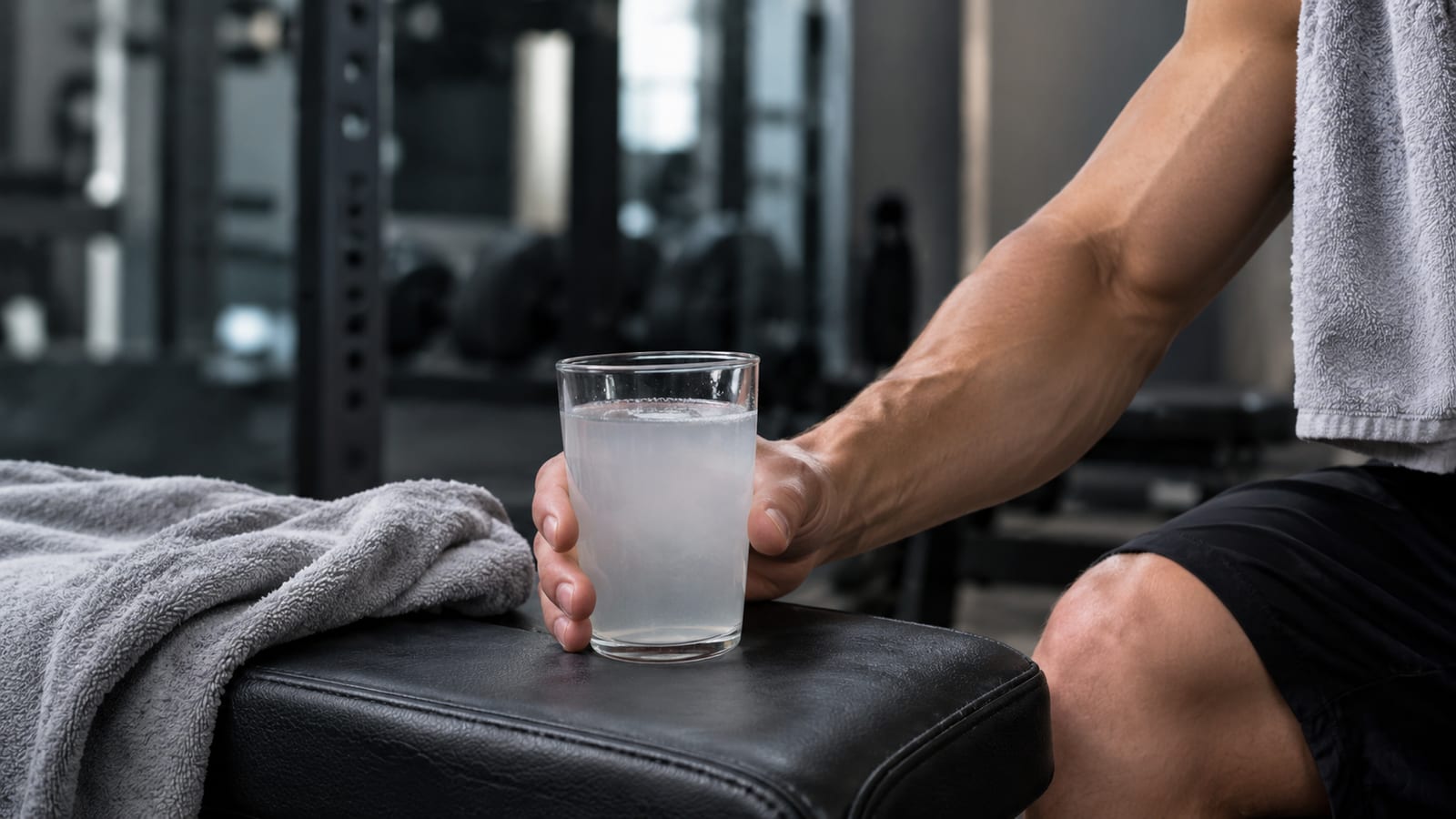 Athlete drinking creatine water after training while gym equipment sits nearby