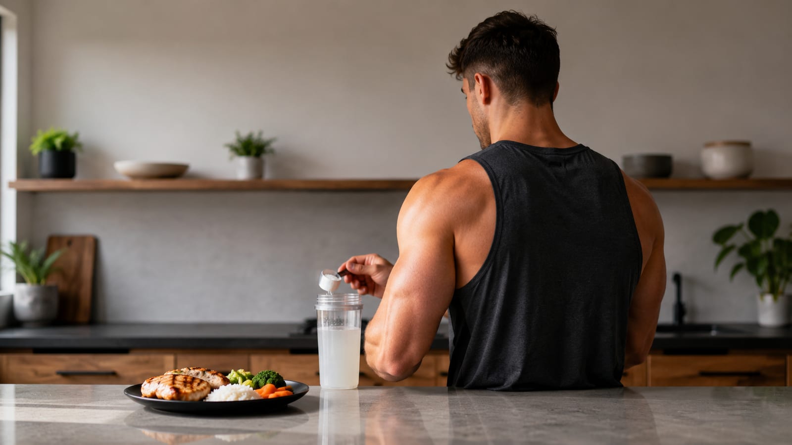 Athlete preparing a daily creatine drink alongside a balanced recovery meal