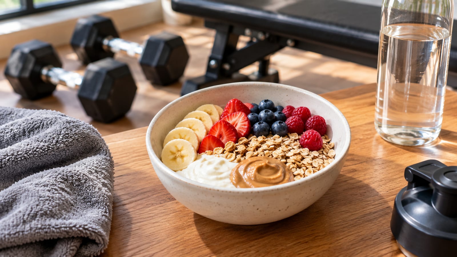 Post-workout bowl with Greek yogurt, fruit, oats, and peanut butter beside gym equipment
