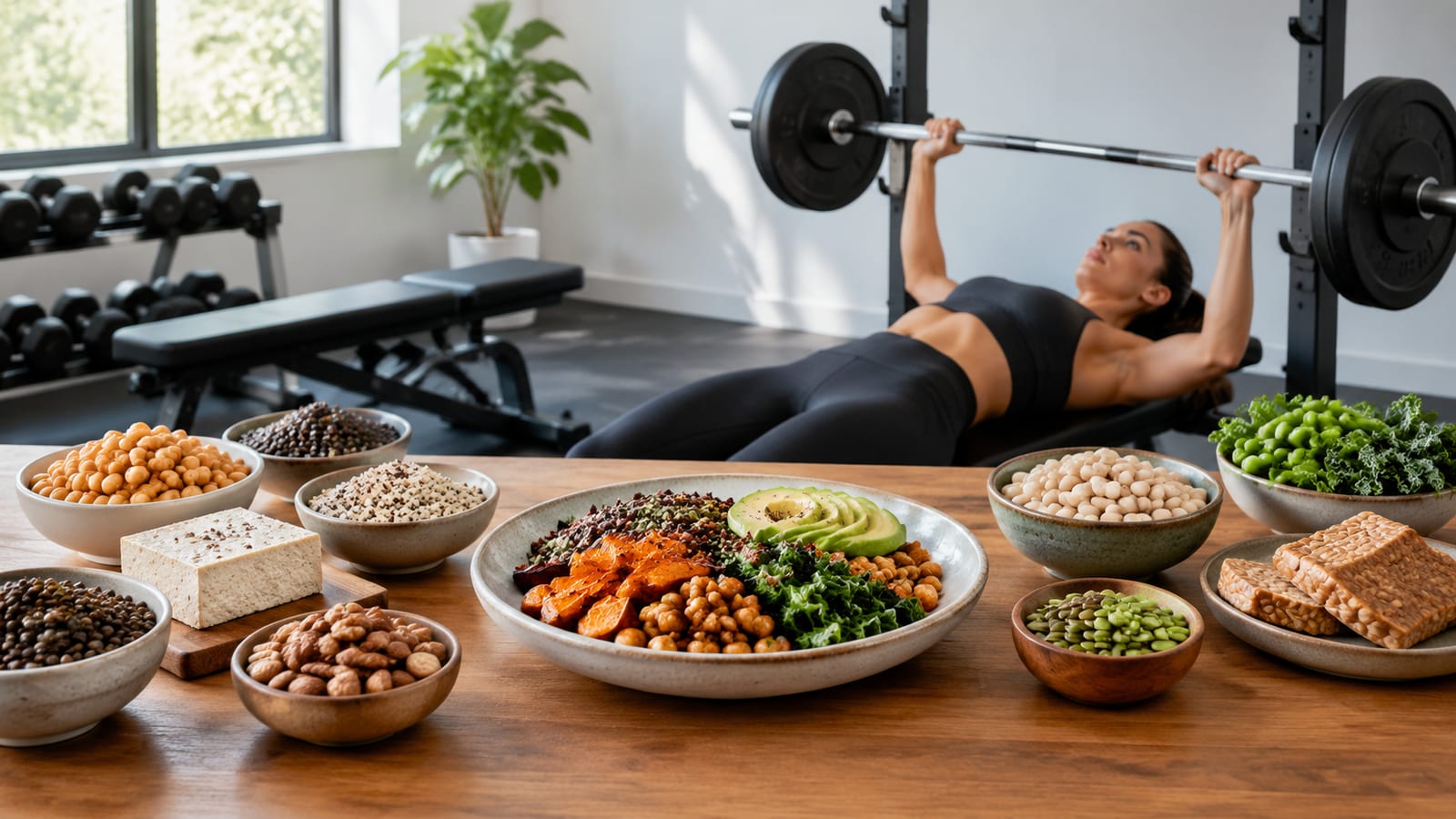 Vegetarian protein sources arranged beside a training meal for athletic recovery and muscle support