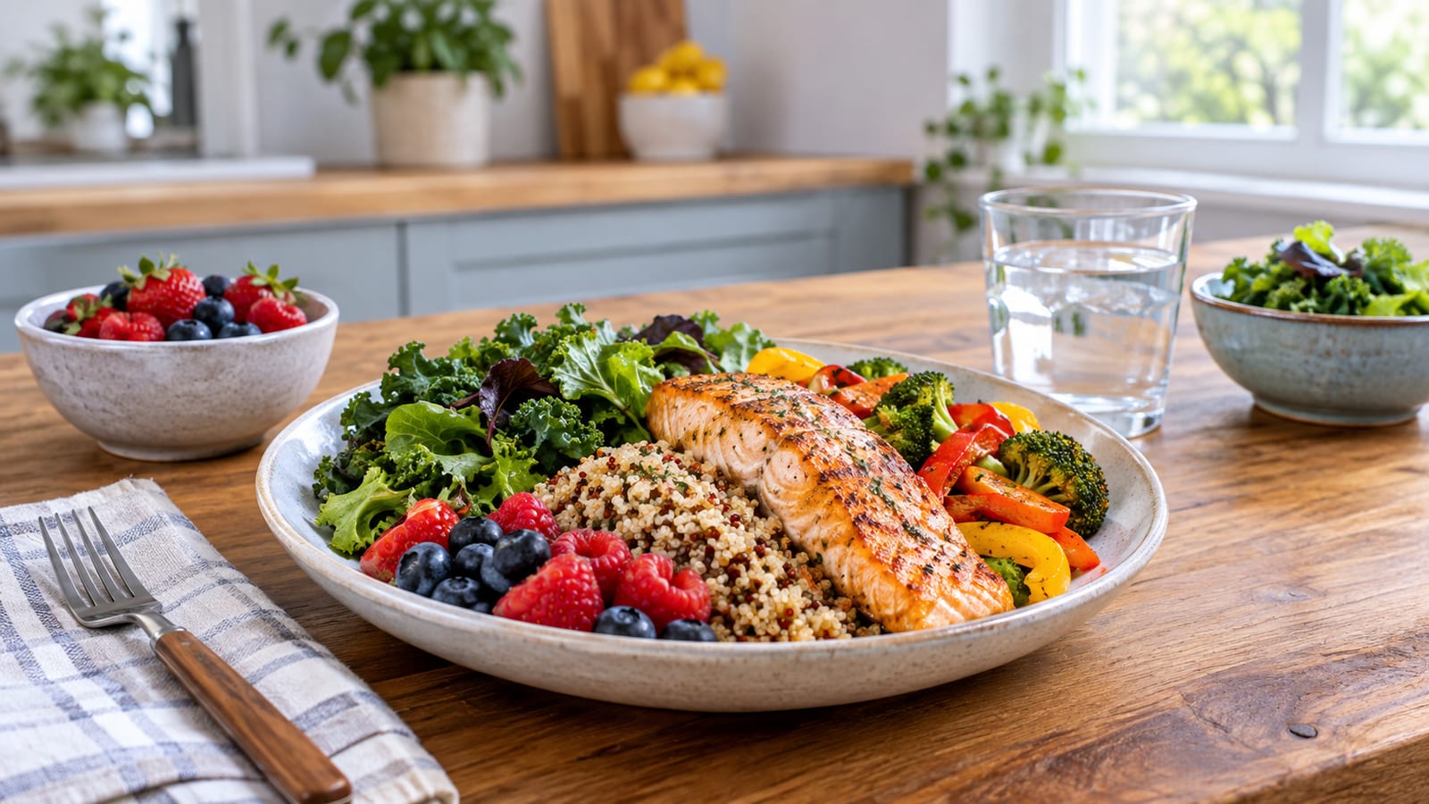 A bowl of grilled salmon quinoa greens berries peppers and broccoli on a wooden table