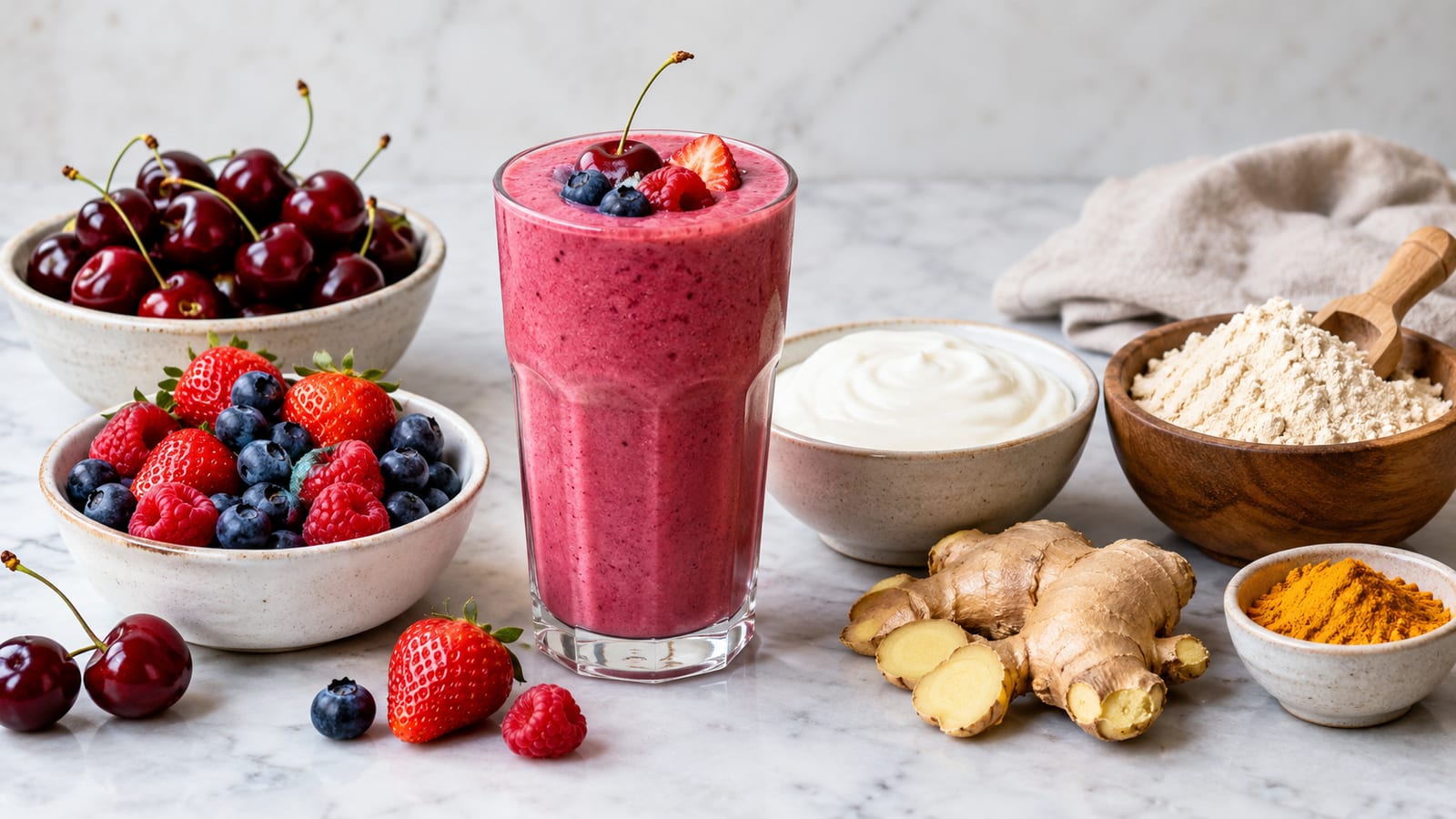 Pink smoothie in a tall glass garnished with berries and a cherry on a marble countertop