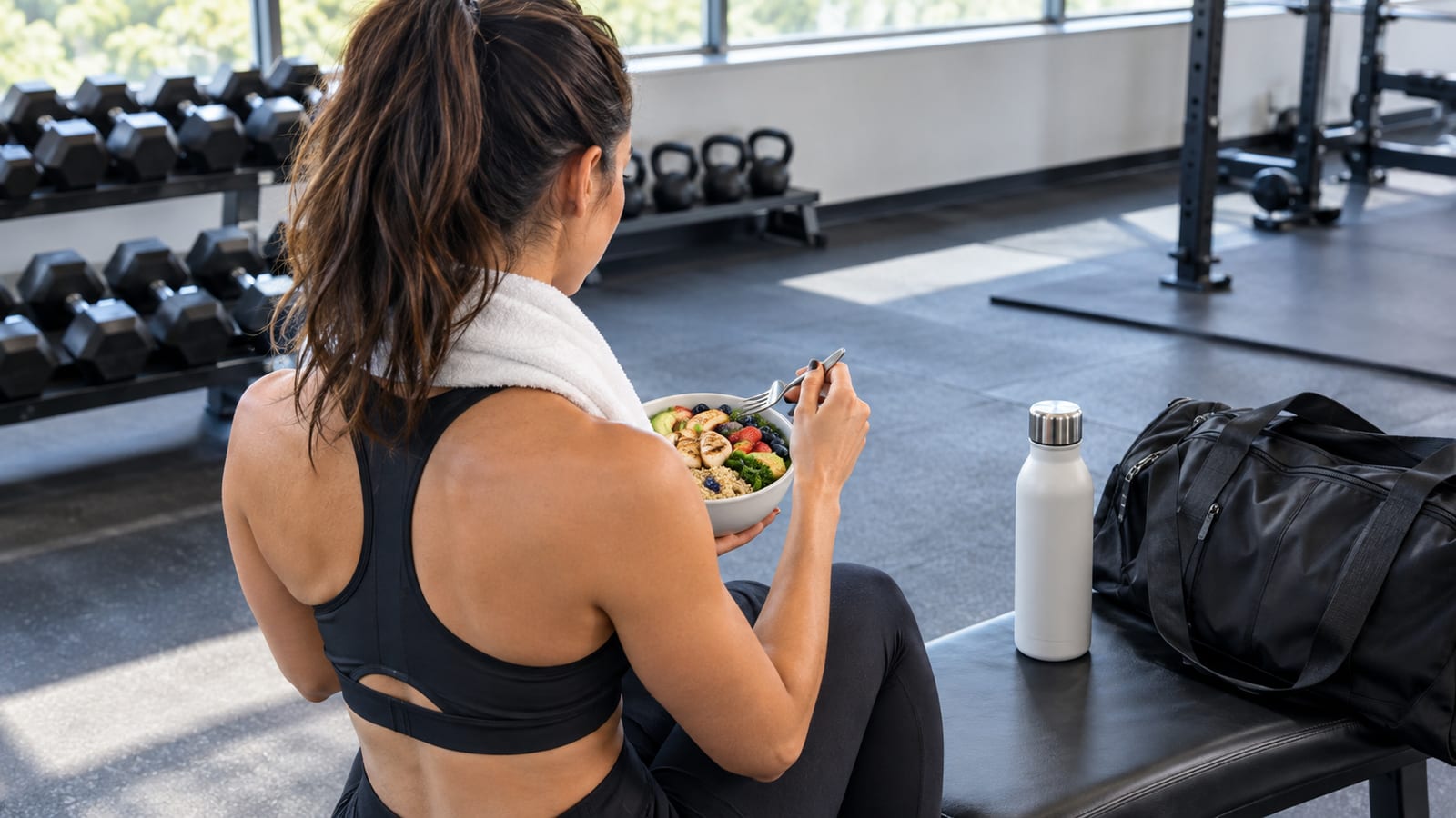 Woman in a gym, seen from behind, eating a grain and fruit bowl near a water bottle