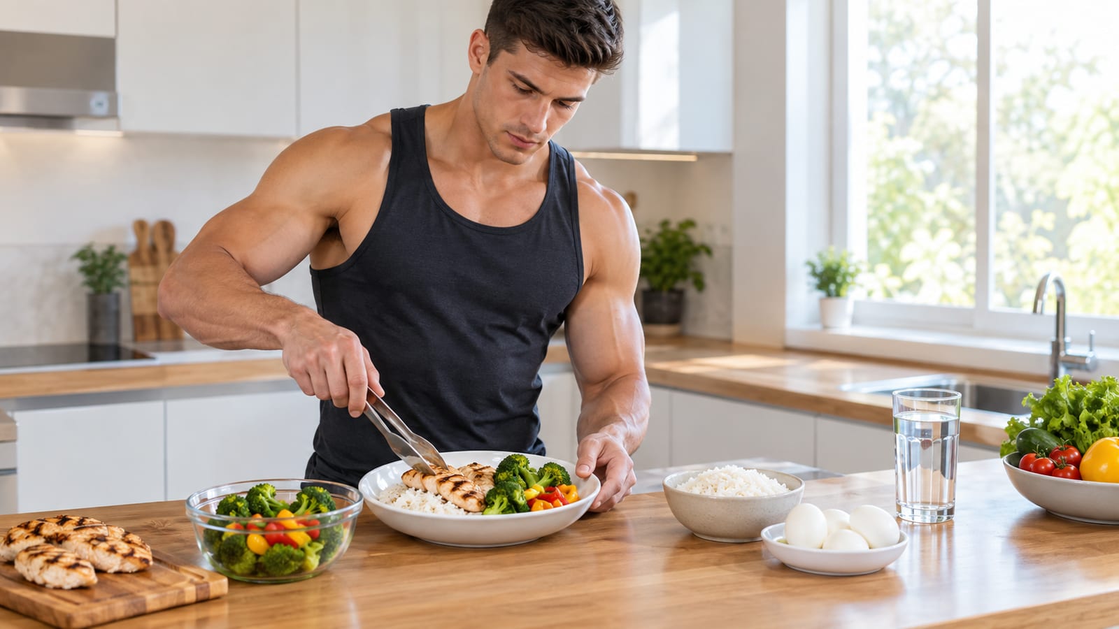 Muscular man in black tank top serves food from white bowl in kitchen