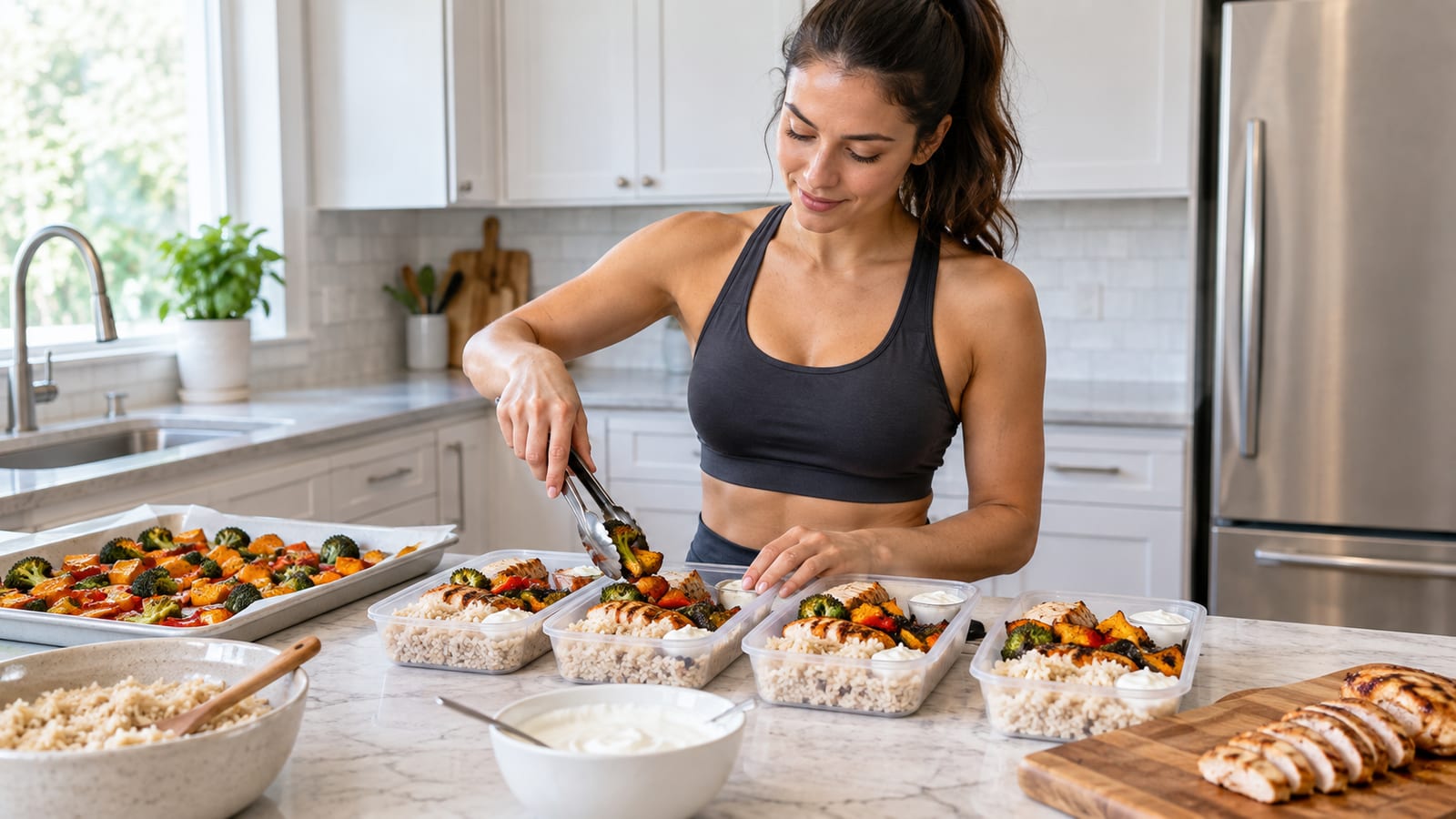 An athletic woman portioning roasted vegetables, chicken, and rice into plastic meal prep containers