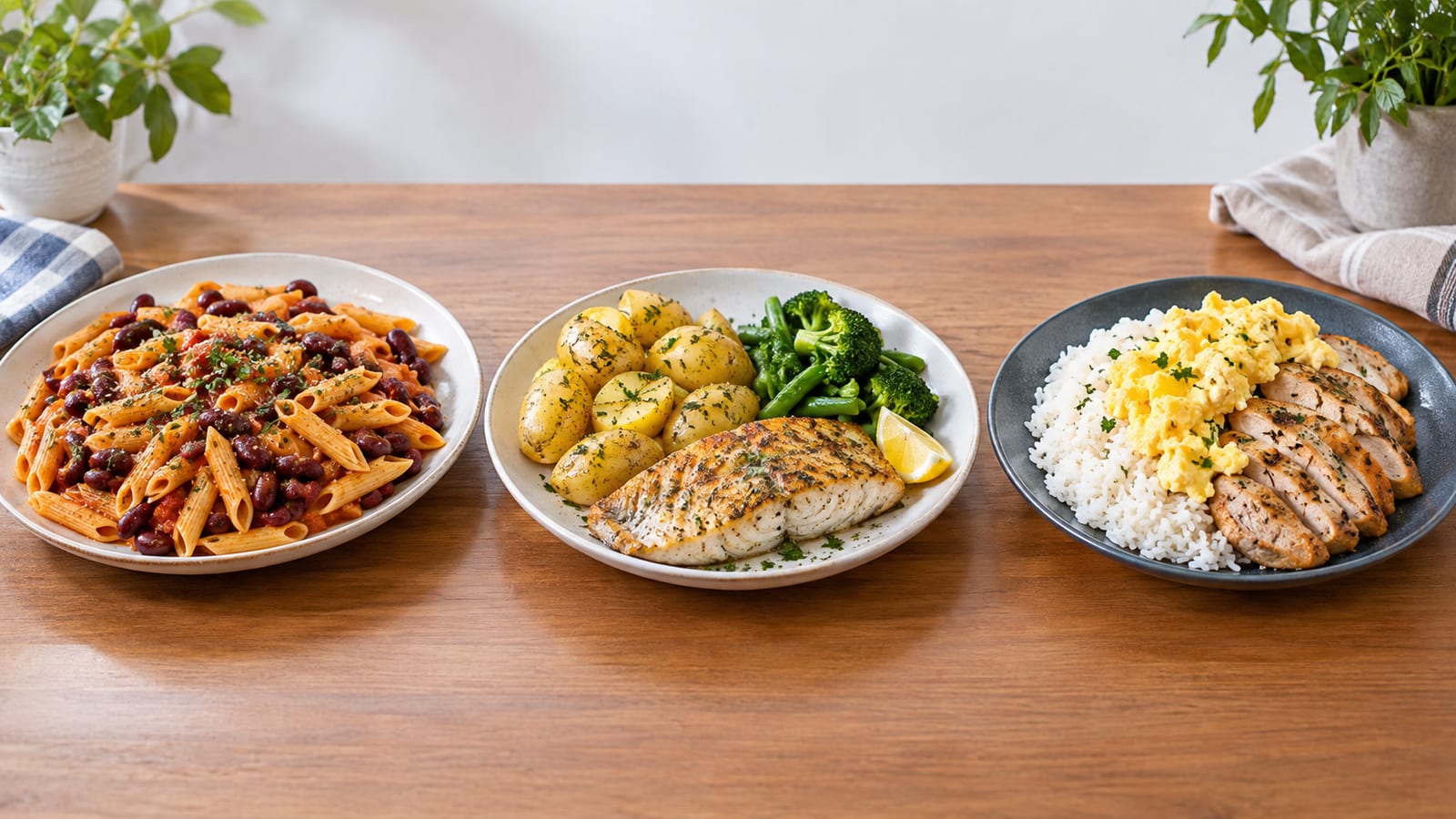 Three plates of food on a wooden table with potted plants in the background