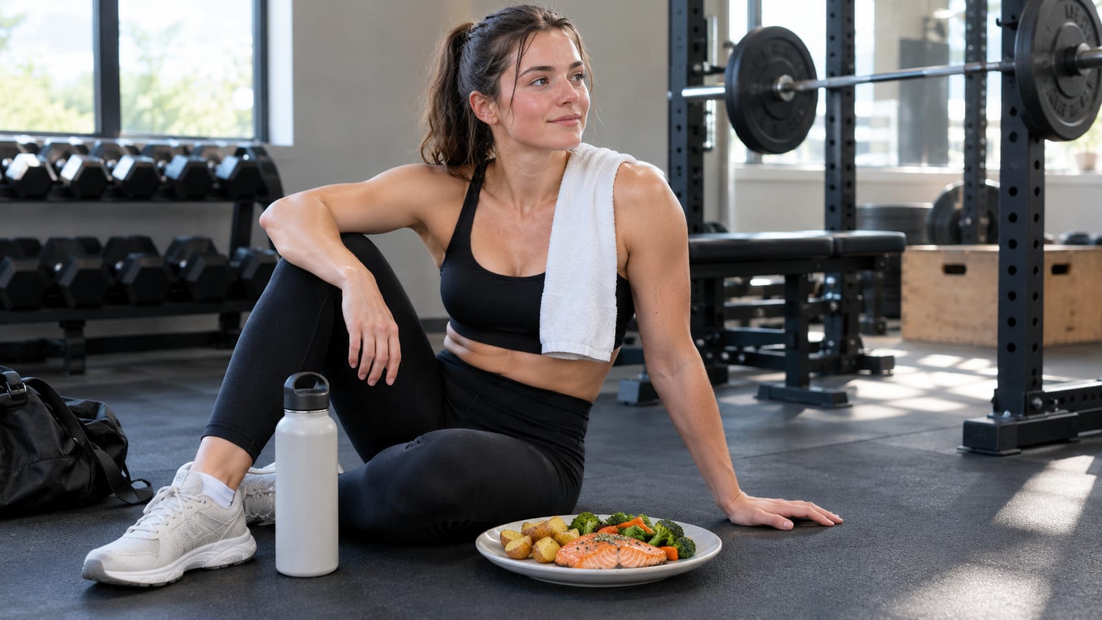 woman sits on gym floor next to plate of food