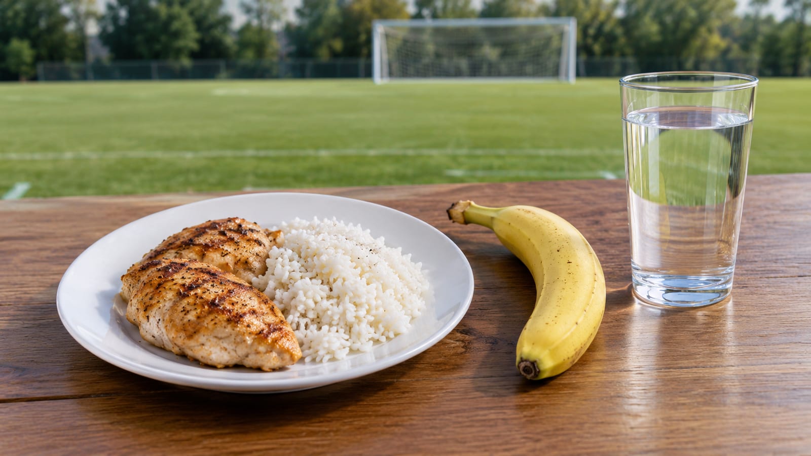 Chicken, rice, banana, and water arranged as a practical soccer pre-game meal