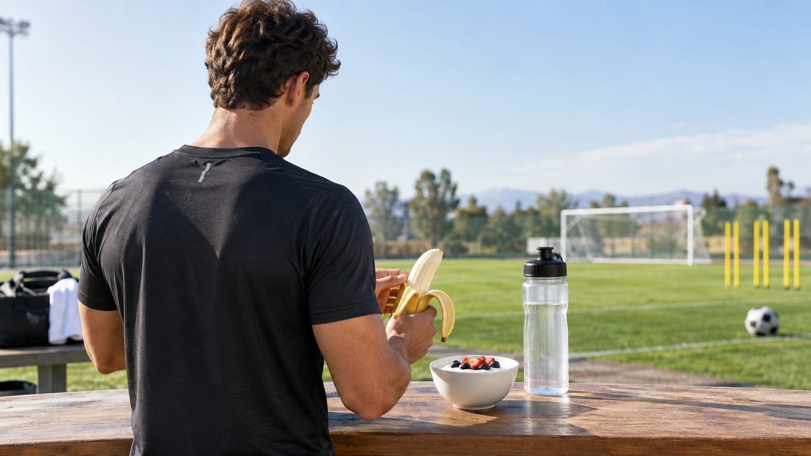 Man from behind holding a banana next to a bowl of berries at a soccer field
