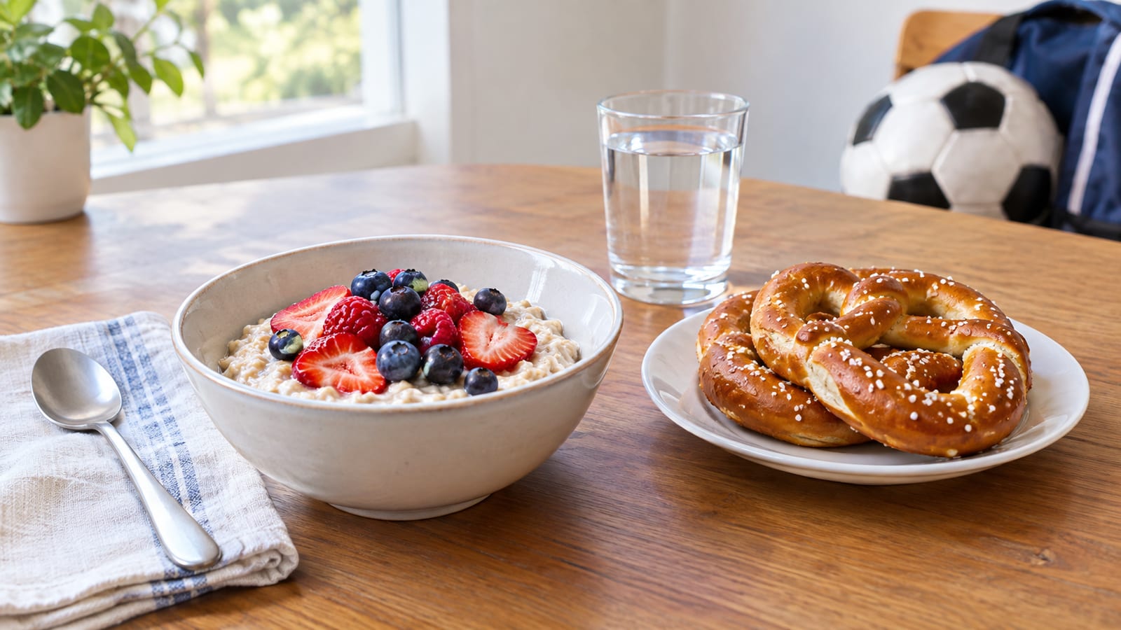 Bowl of oatmeal topped with strawberries and blueberries on wooden table next to water and pretzels