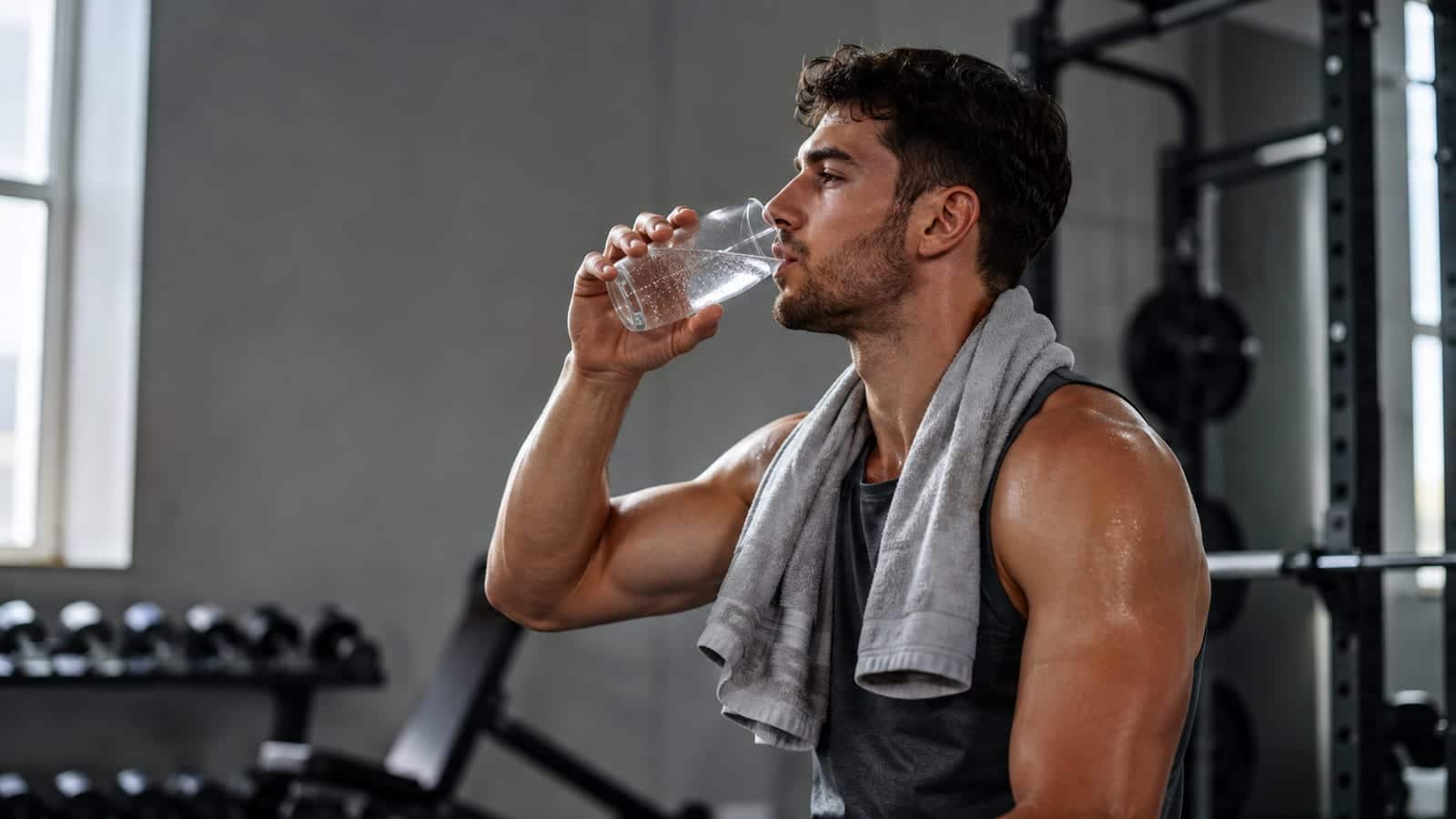 Profiled athlete sipping chilled sparkling water beside a gym towel and dumbbells
