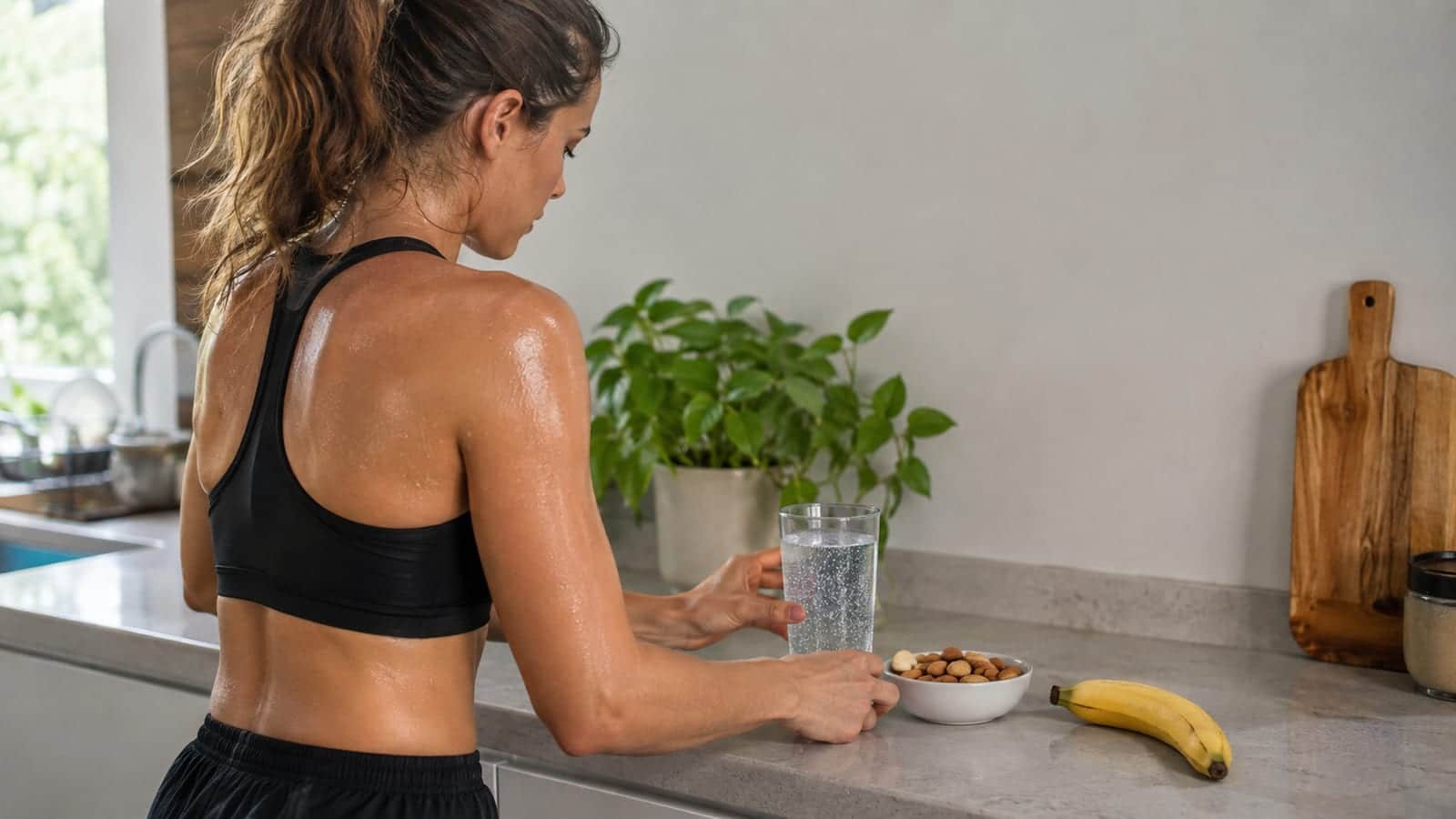 Sweaty runner choosing sparkling water alongside fruit and salty recovery foods after training