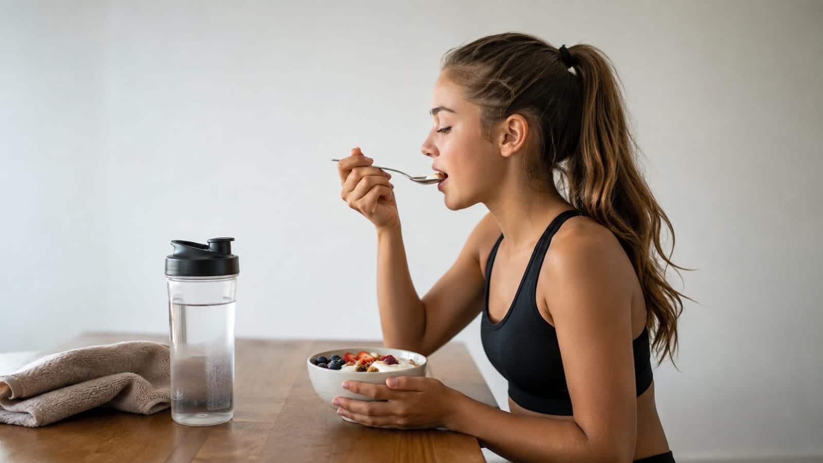 Teen athlete eating yogurt and fruit after training for recovery