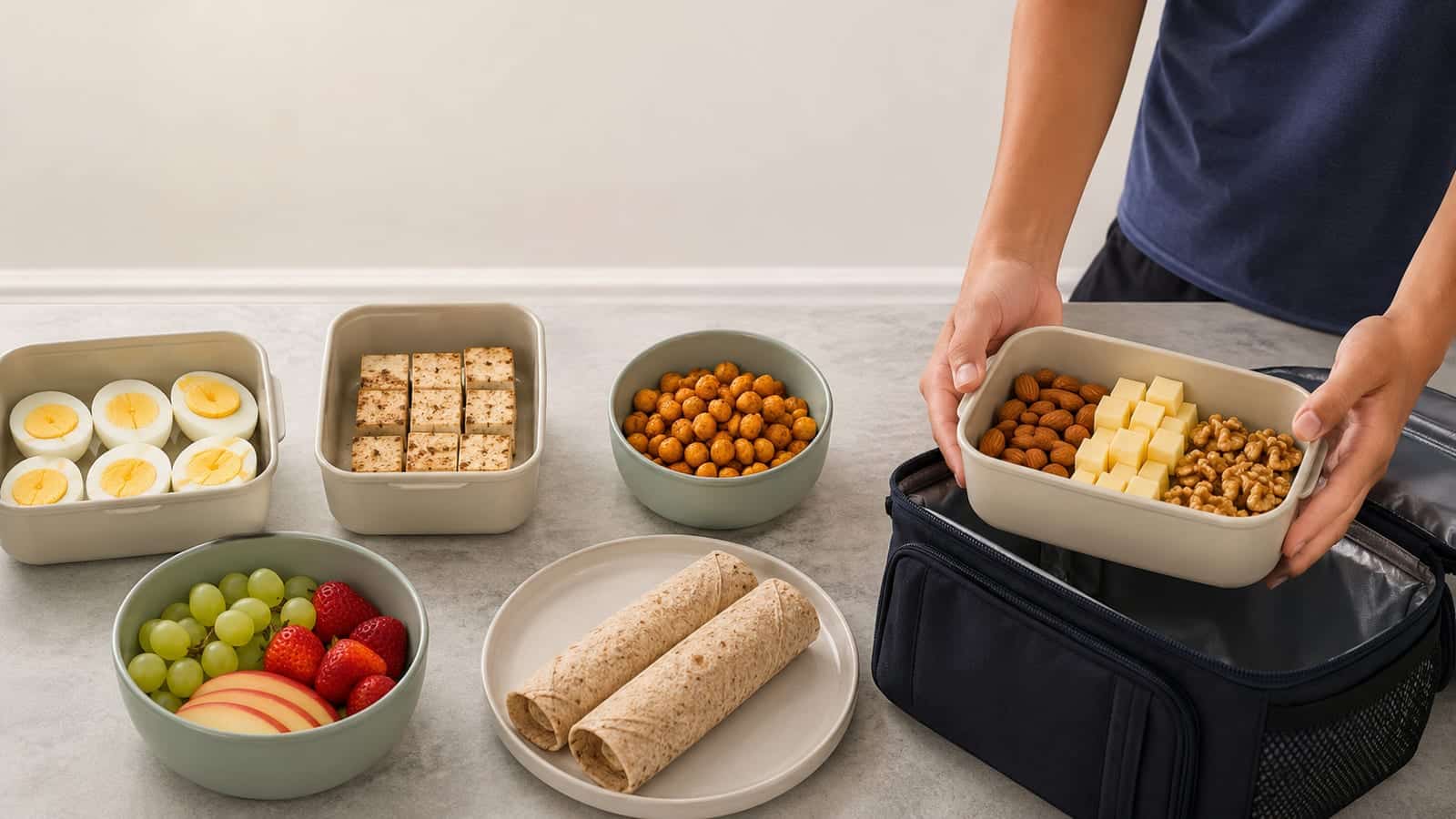 Portable high-protein foods arranged for a teen athlete’s busy day