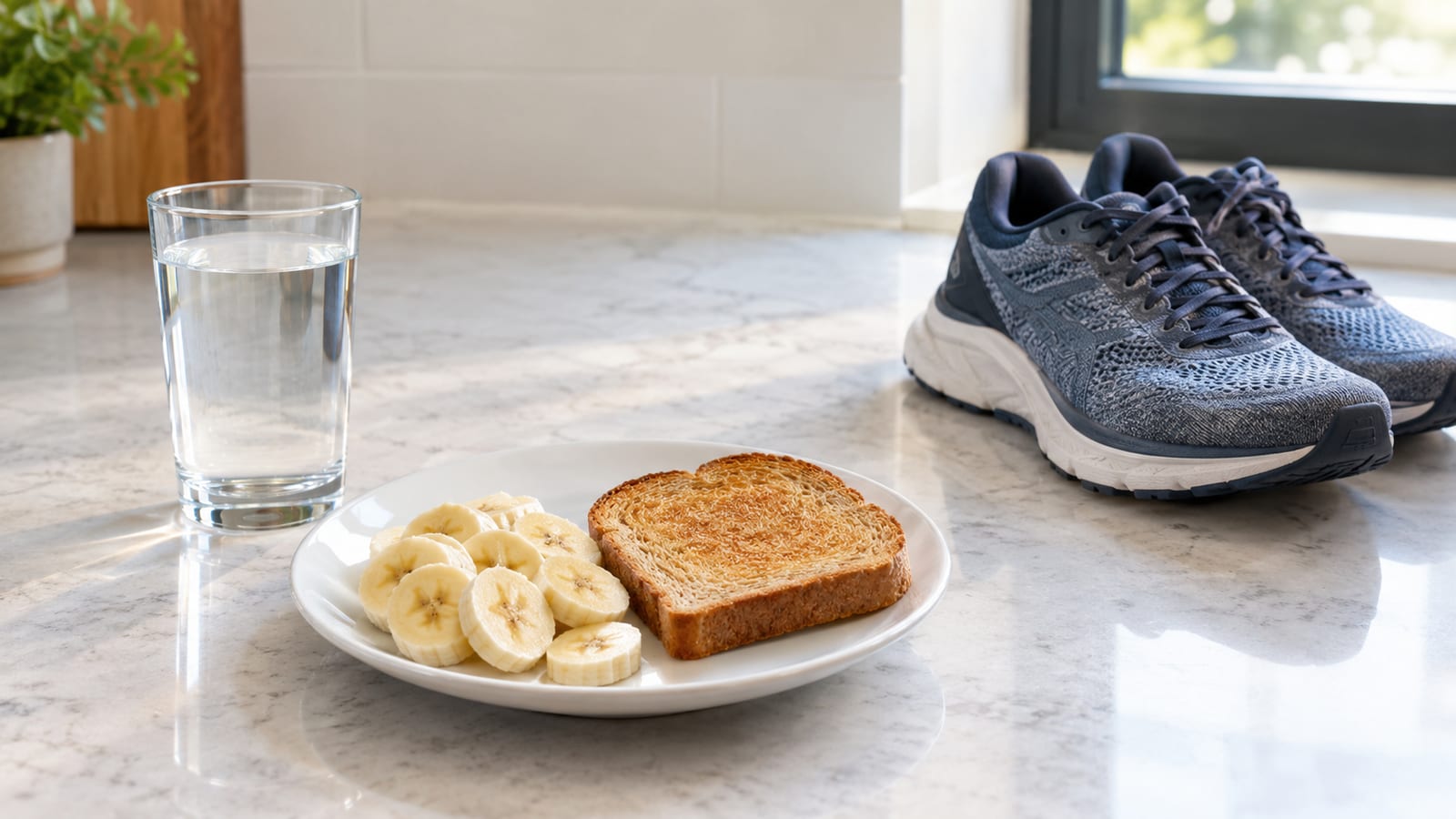 Runner preparing a small pre-run meal with banana, toast, and water