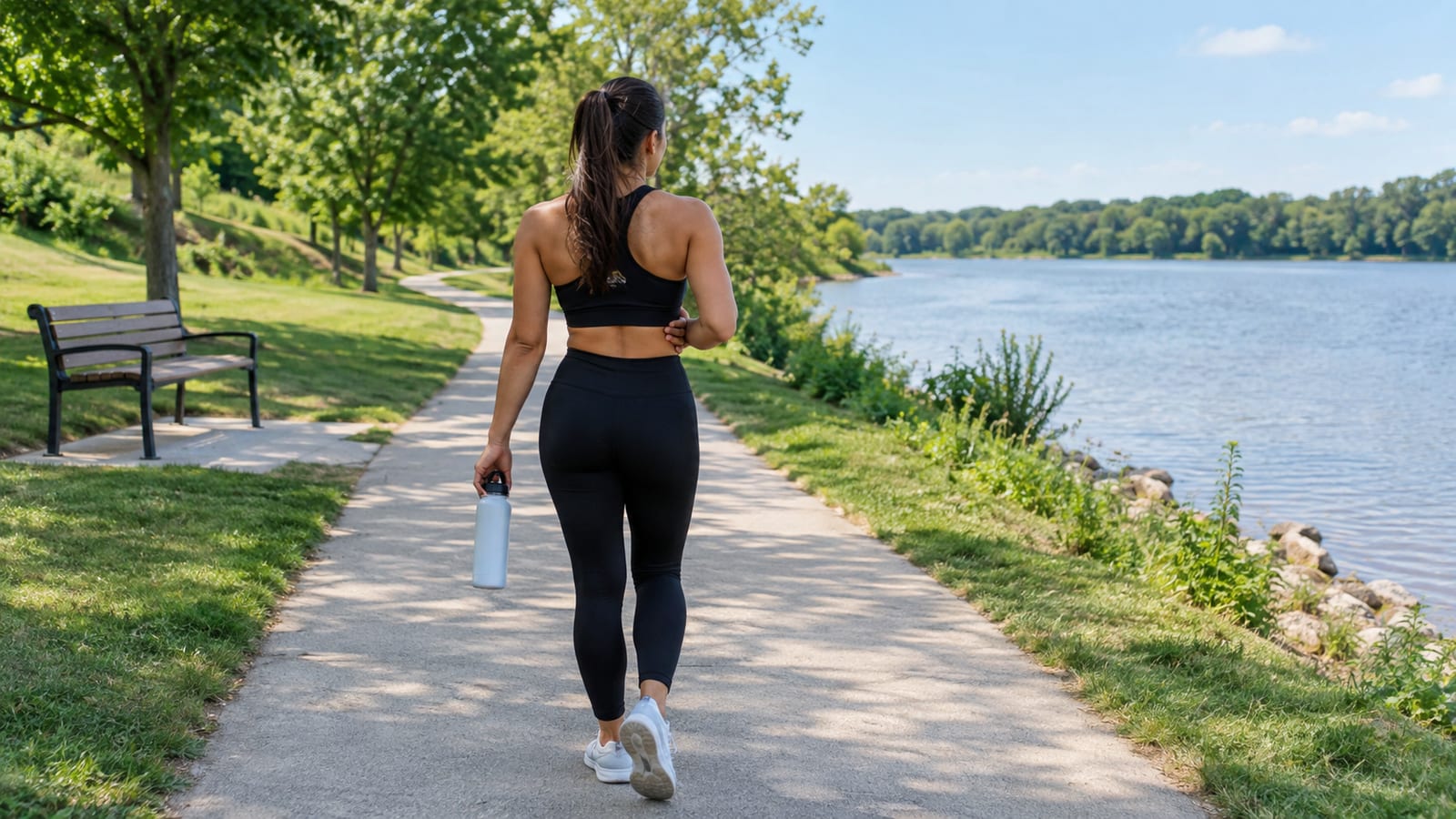 A woman in running clothes walks along a lakeside path holding her side