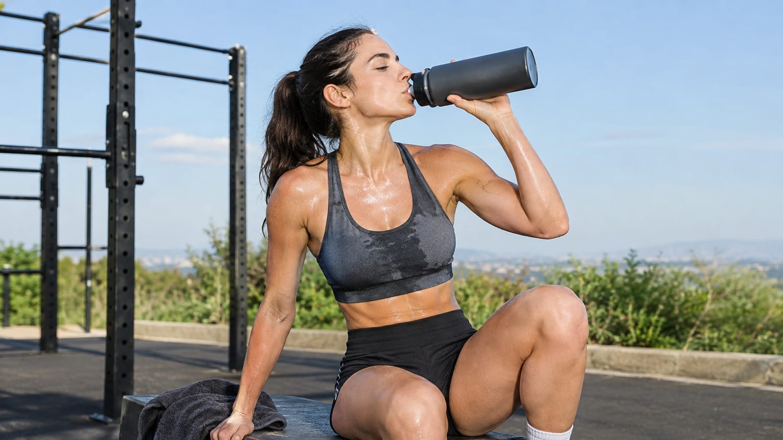 how much sodium do athletes need featuring a sweaty woman drinking from a bottle outdoors