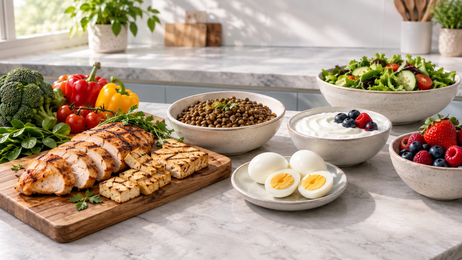Comparing protein sources for muscle growth in different diets on bowls and a wooden board