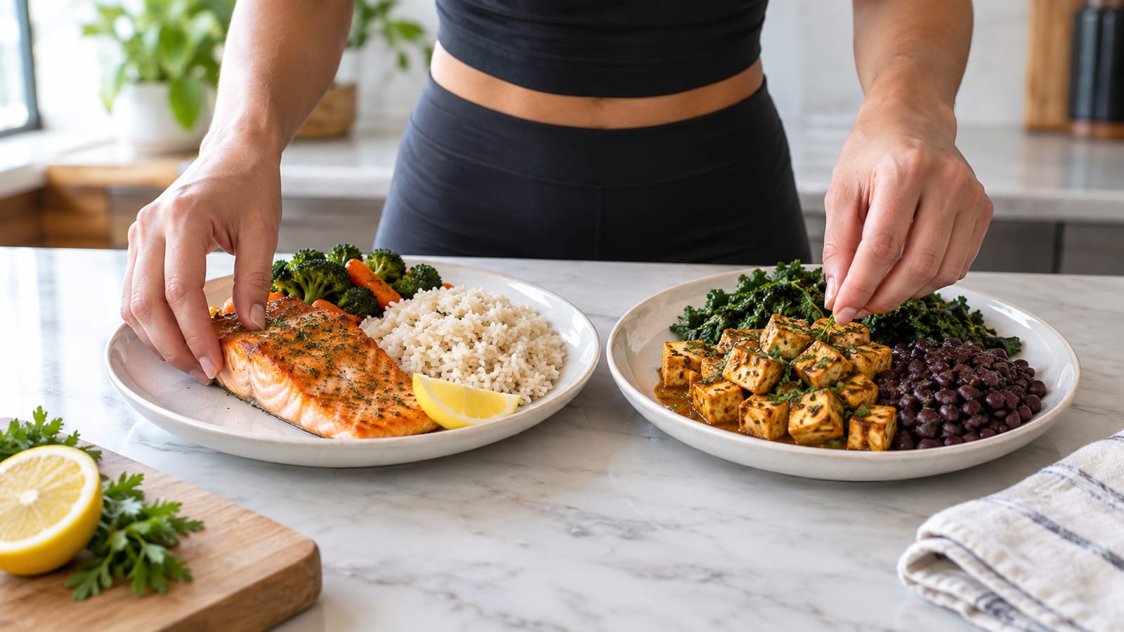 Salmon fillet with rice and broccoli next to seasoned tofu cubes, black beans and greens