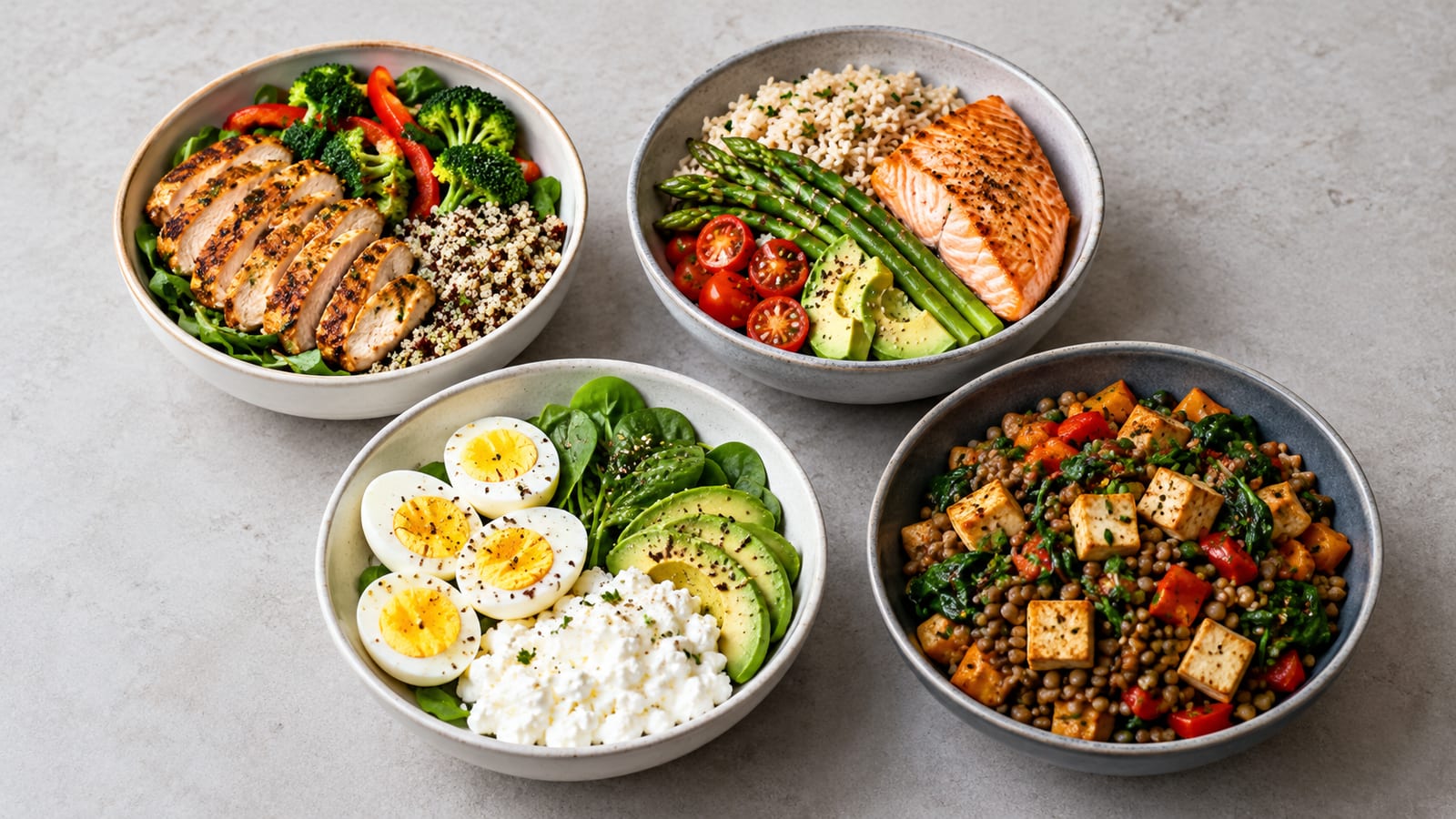 Four bowls: chicken with quinoa, salmon with rice, eggs with cottage cheese, and tofu with lentils