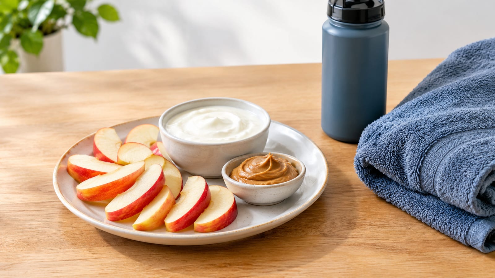 Sliced apple, yogurt, and peanut butter arranged beside a runner’s gym towel