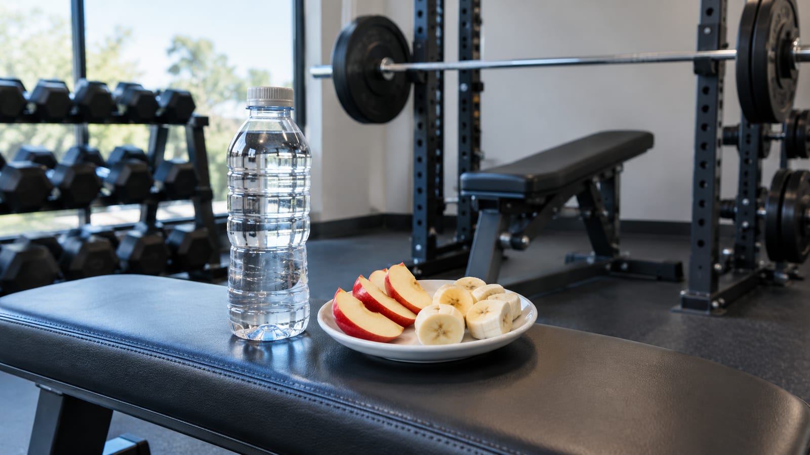 A water bottle and plate of apple slices and banana slices on gym bench with barbell
