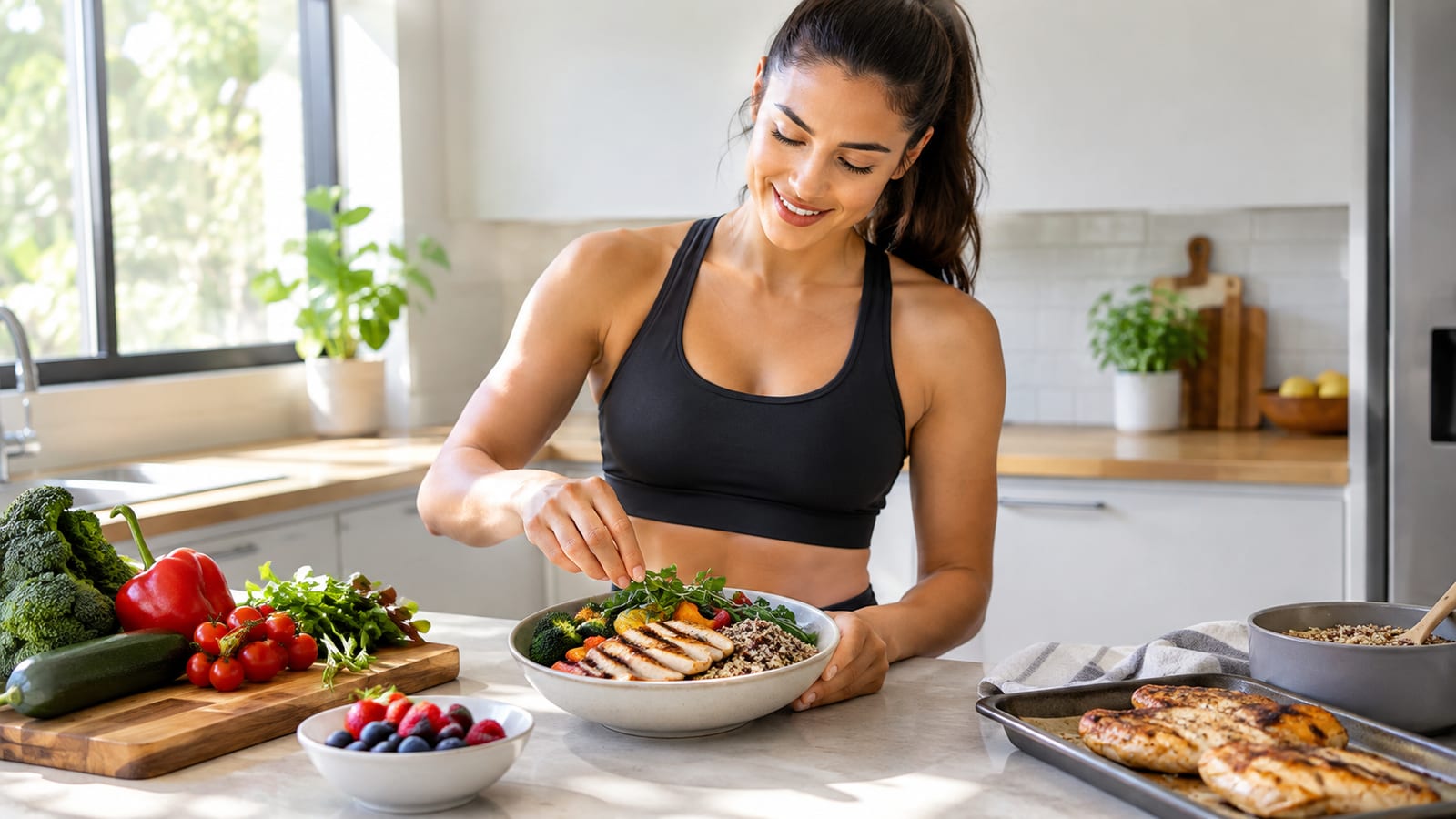 Athletic woman in a sports bra garnishing a chicken and quinoa bowl in a kitchen