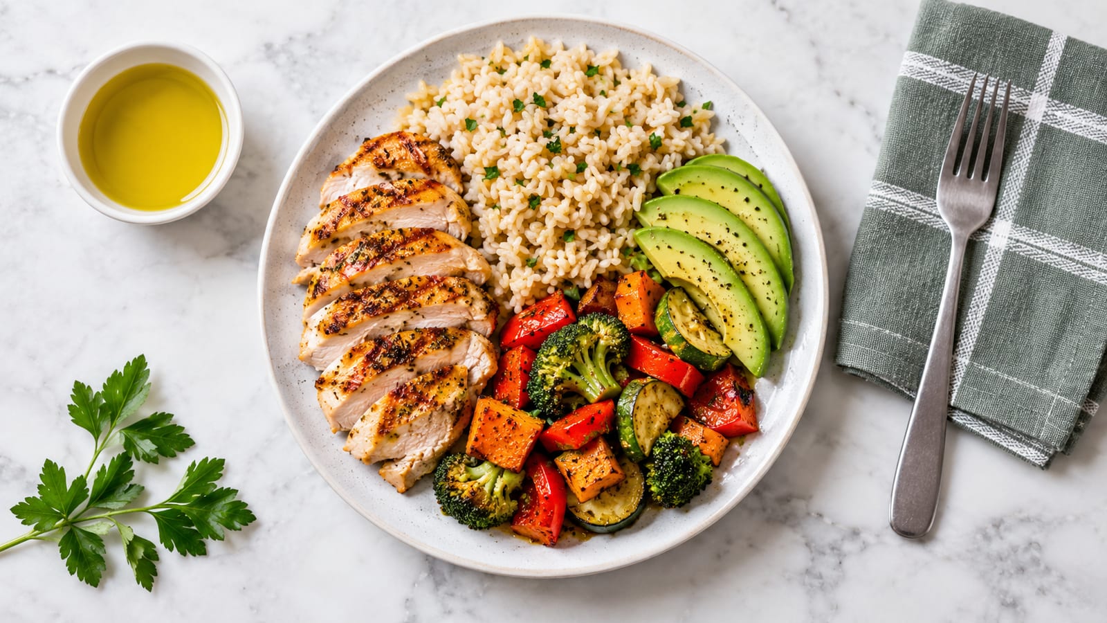 Sliced grilled chicken breast served with brown rice, roasted vegetables, and avocado on a plate