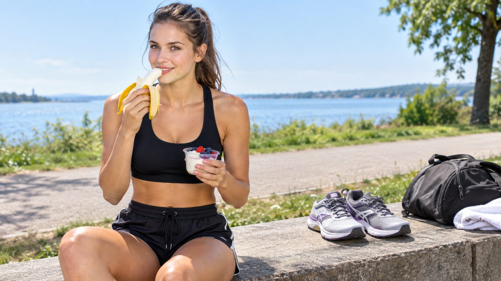 Female runner eating a banana and holding berry yogurt next to her running shoes