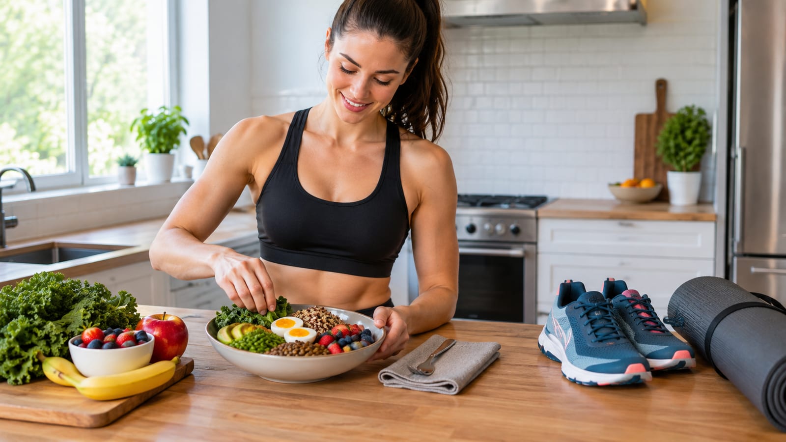 A woman in a kitchen holding a bowl next to athletic shoes and a yoga mat