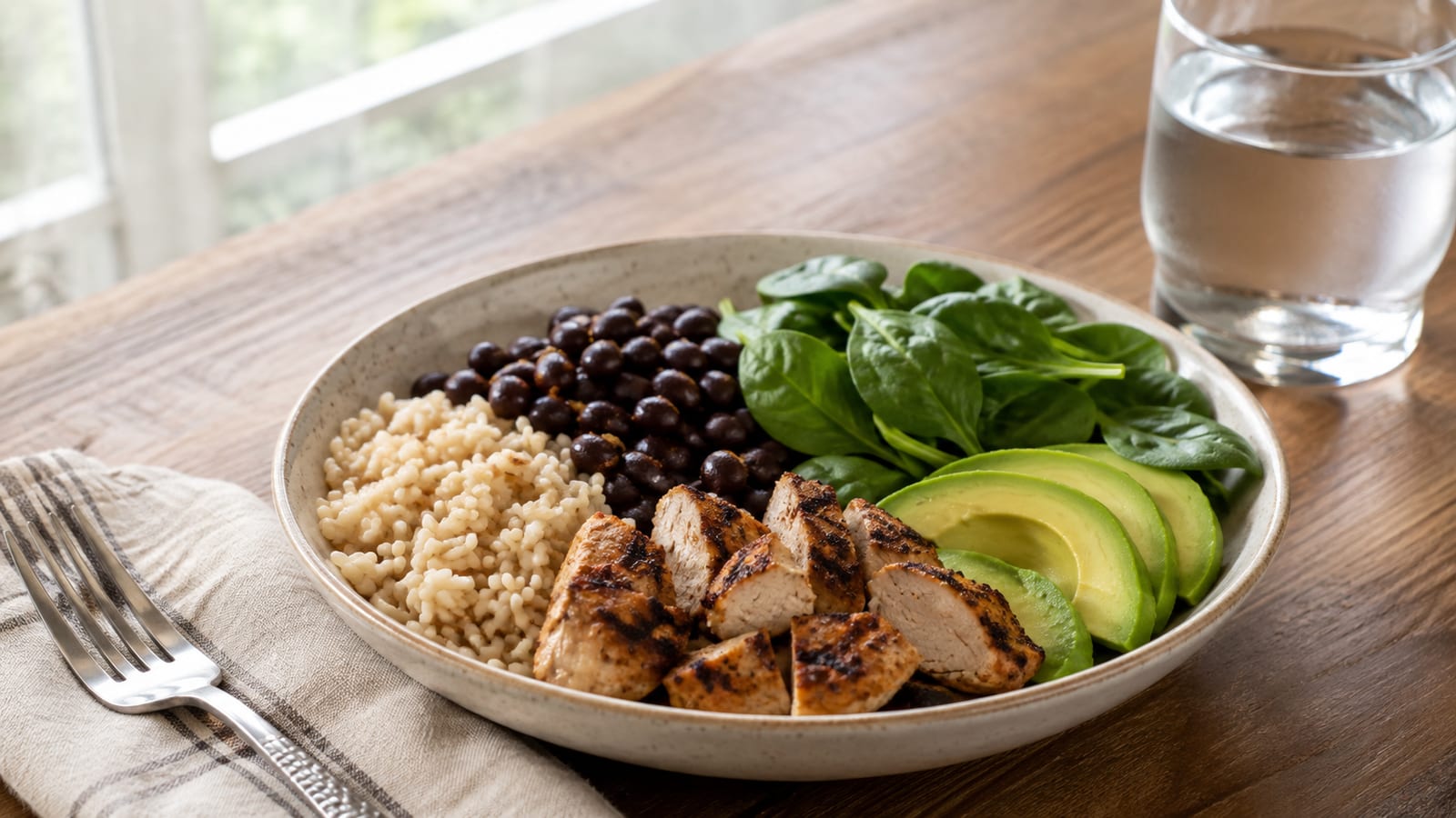 A bowl of quinoa black beans chicken avocado spinach on wooden table with glass of water