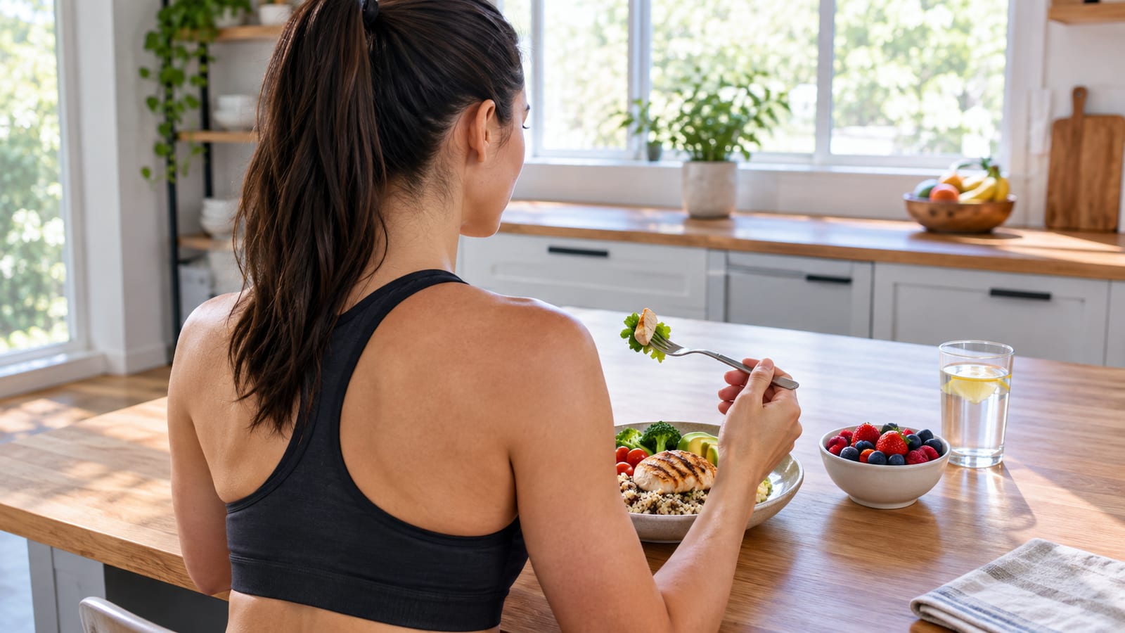 Woman seen from behind in black sports bra holds fork with food at wooden kitchen table
