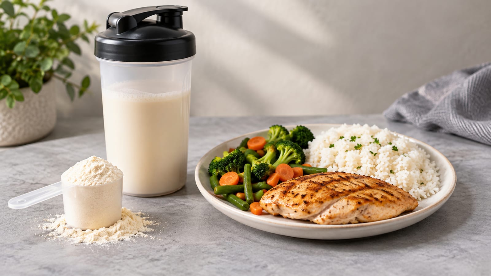 Protein powder scoop and shaker bottle beside a plate of grilled chicken, rice, and vegetables