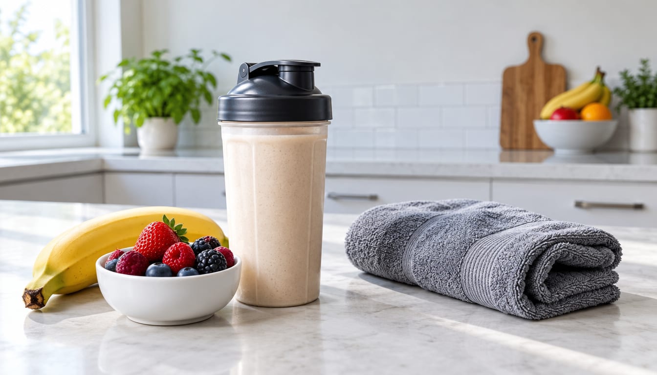 A black-lidded shaker bottle filled with beige liquid on a marble kitchen counter