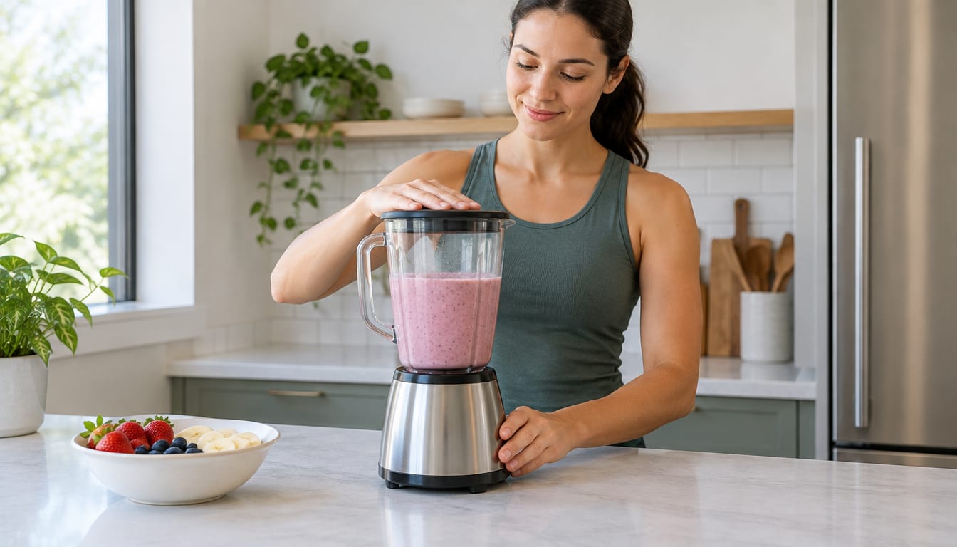 Woman in kitchen blending protein shake in blender