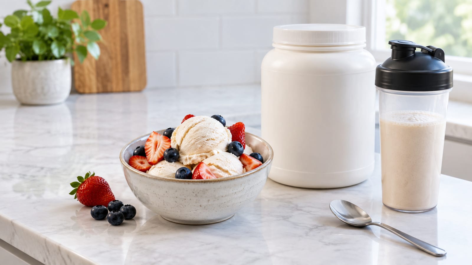 Protein ice cream in a bowl with berries beside protein powder on a marble countertop