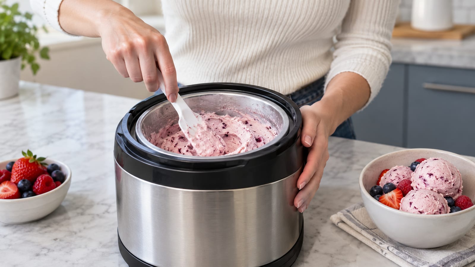 A woman stirring freshly churned berry protein ice cream in an ice cream maker