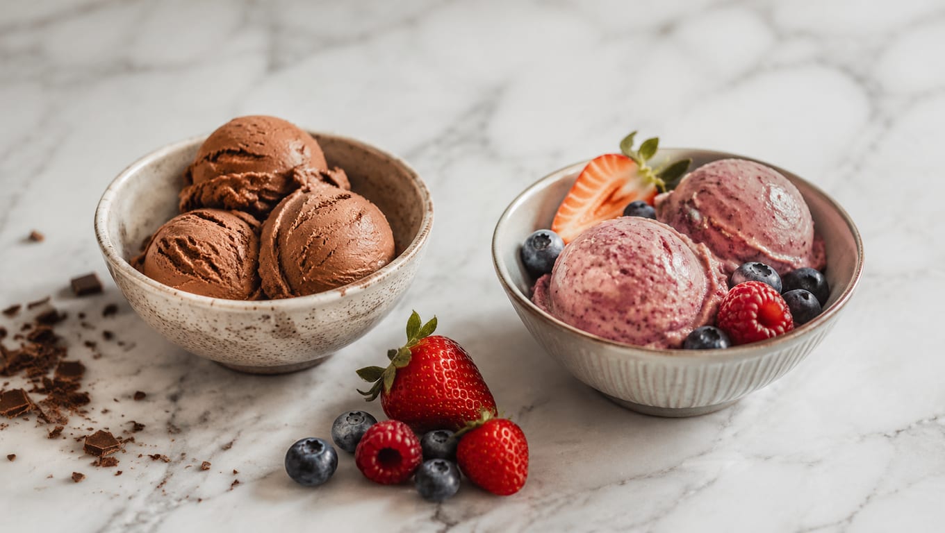 Chocolate and berry protein ice cream in bowls on a marble surface with fresh berries