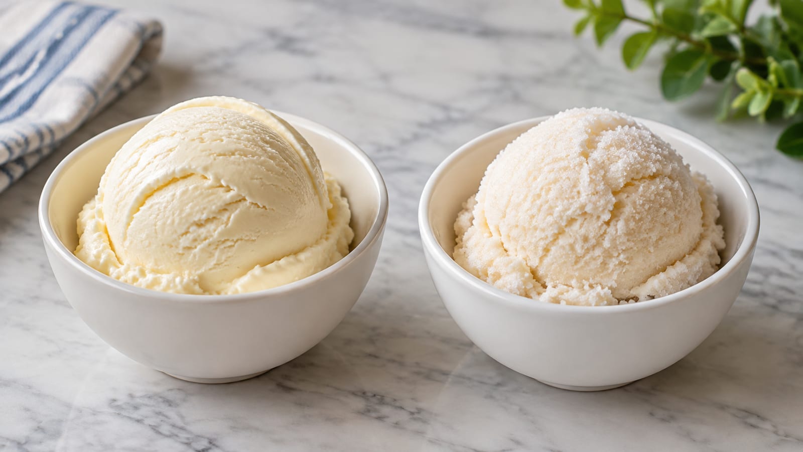 Two scoops of protein ice cream in white bowls on a marble countertop