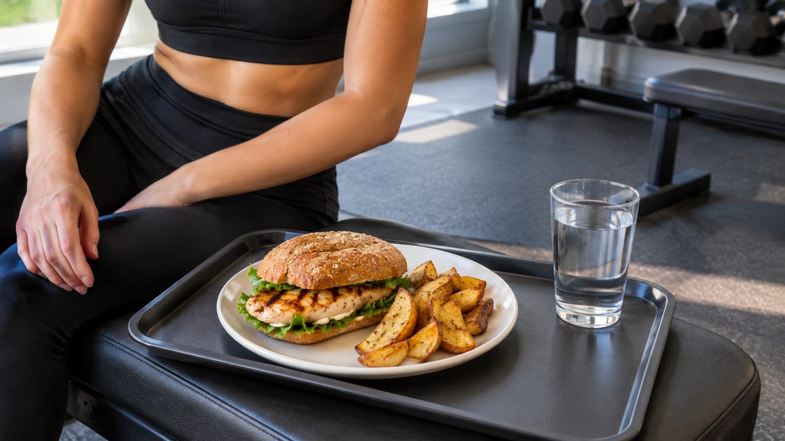 Grilled chicken sandwich and potato wedges on a tray beside a woman in training gear