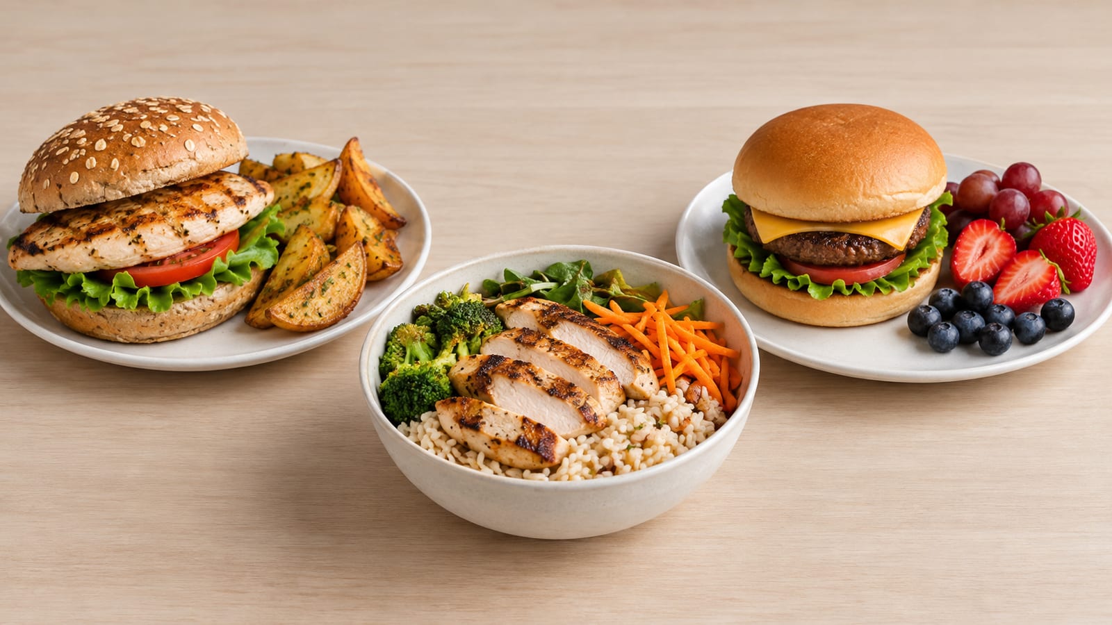 Grilled chicken bowl, chicken sandwich with wedges, and cheeseburger with fruit on a wooden table