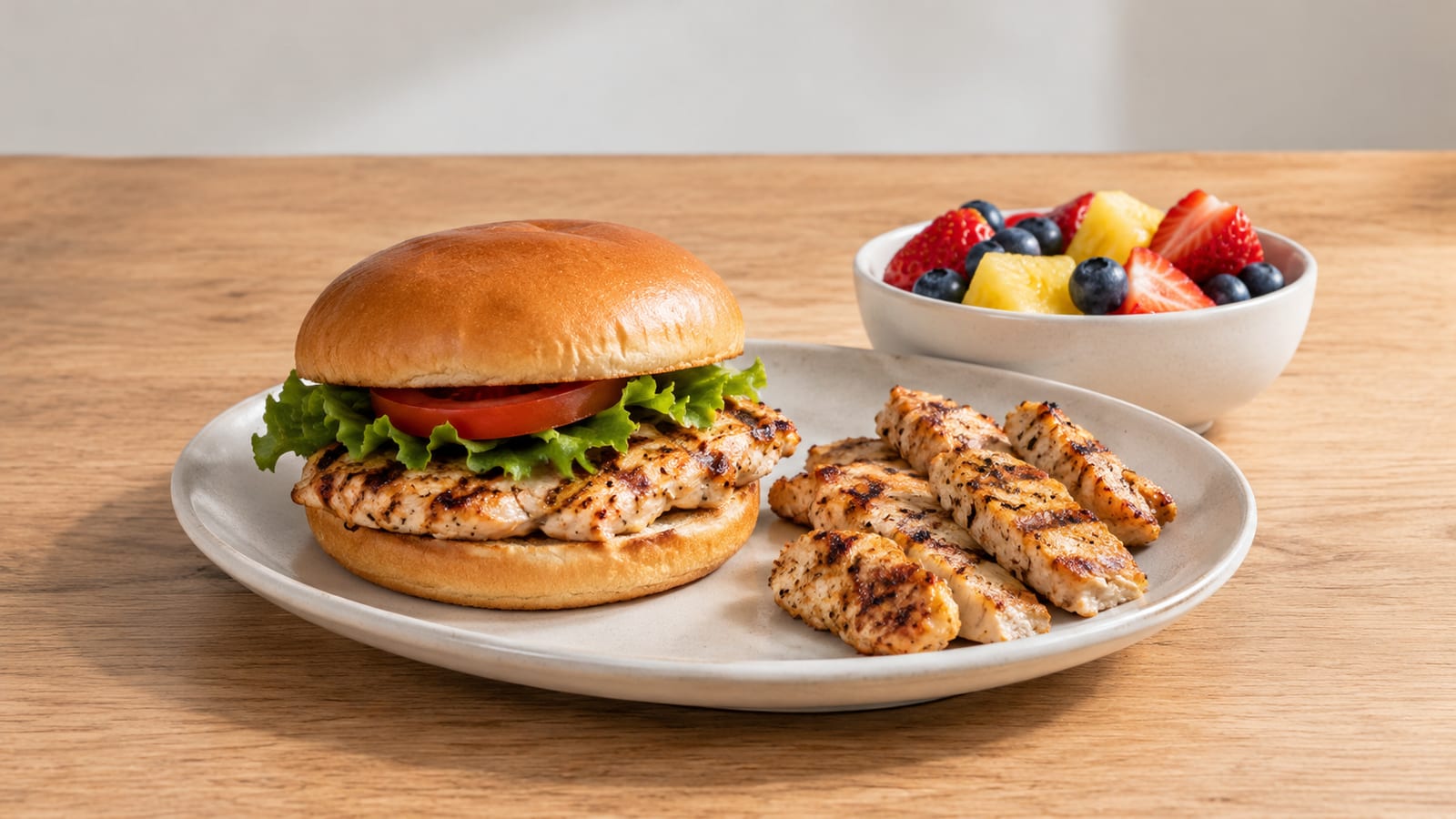 Grilled chicken sandwich and chicken tenders on a plate beside a bowl of fruit