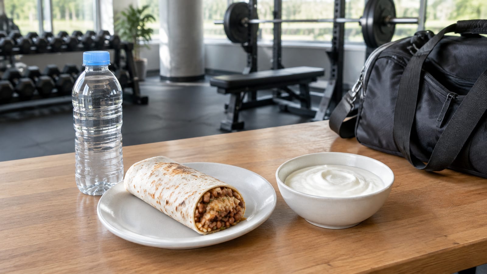 Burrito on a plate beside a bowl of yogurt and water bottle in a gym