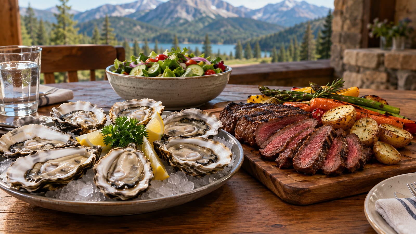 Raw oysters on ice and sliced grilled beef steak on a wooden board overlooking mountains